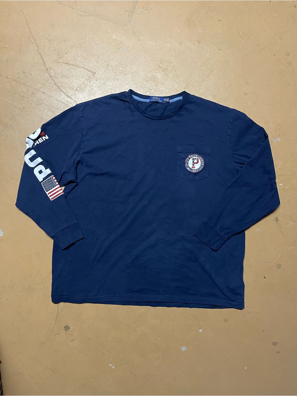 Polo by Ralph Lauren Navy Long-Sleeve Graphic Pocket Tee Faded 2XB (XL)